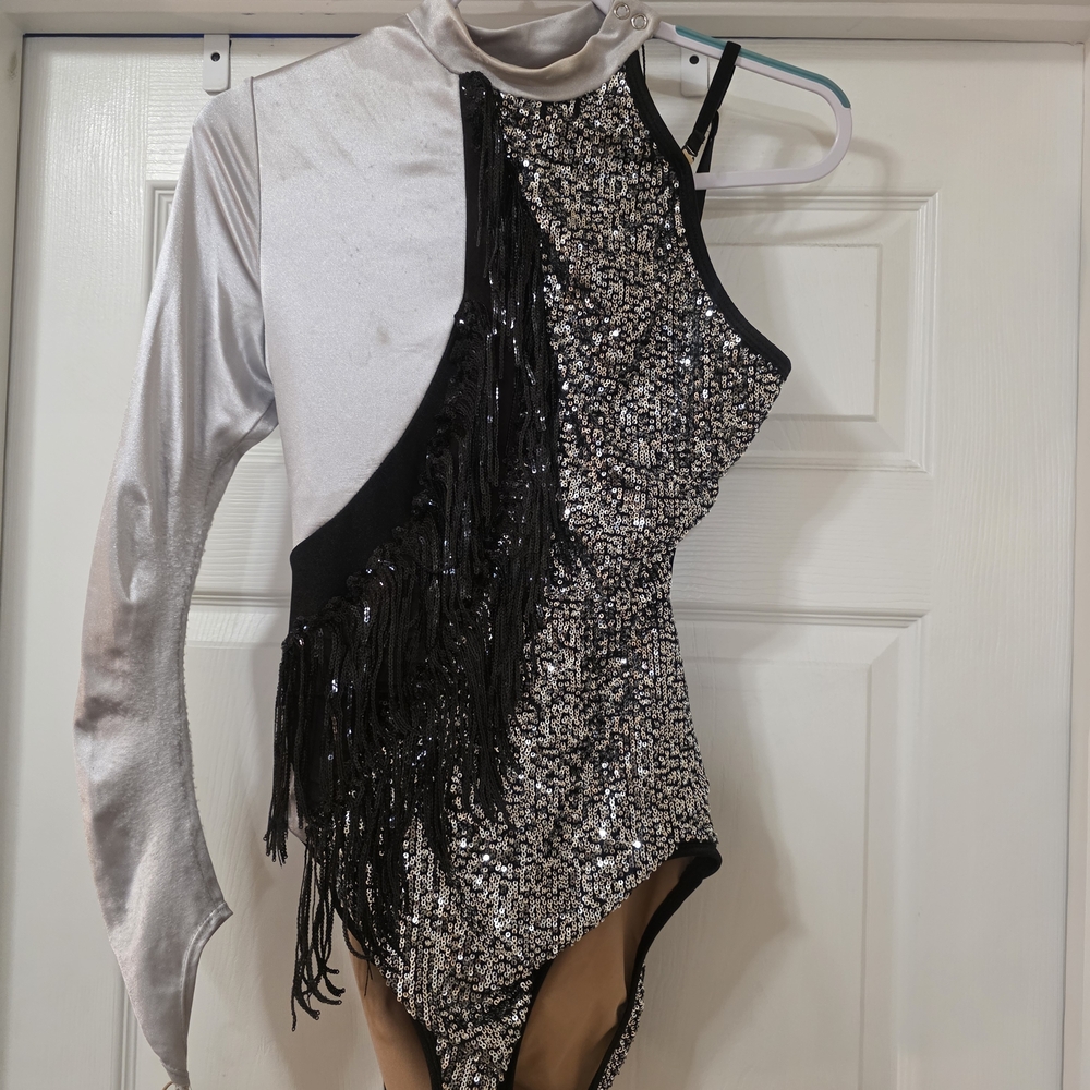 Silver and Black Sequin Bodysuit with Fringe